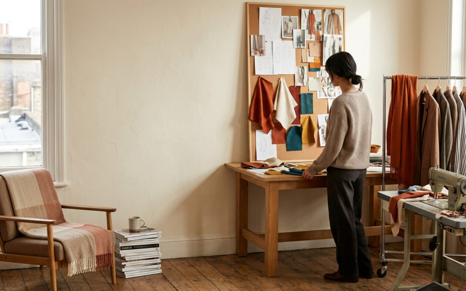 Clothing rails and fabric in a studio workroom